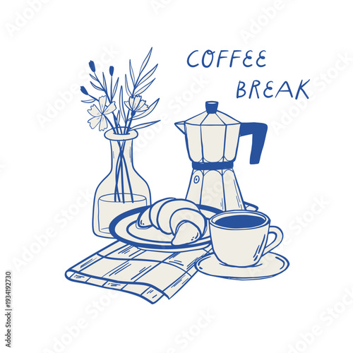 Coffee vintage poster with moka pot, espresso cup and croissant elements. Good for banners, prints, cards, invitations, interior wall art. Freehand cartoon elements. EPS 10