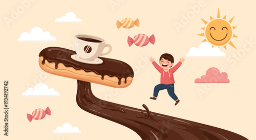 Joyful child jumping towards a giant chocolate eclair with coffee.