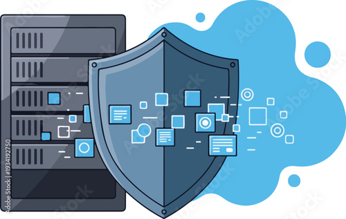 Digital security shield protecting data on server and cloud storage with various icons and symbols