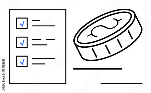 Checklist with completed tasks using blue check marks next to floating coin. Ideal for finance, goal tracking, productivity, budgeting, organization, investment, simple flat metaphor