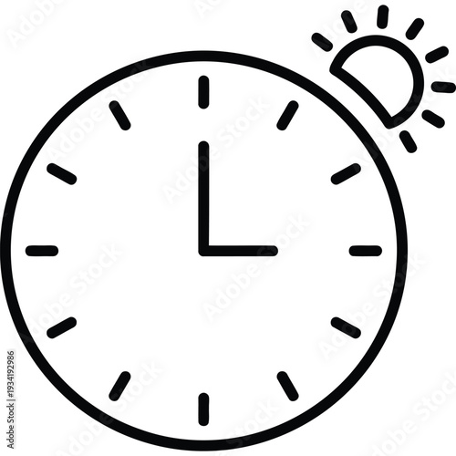 Vector icon of a clock with a rising sun, symbolizing the concept of a new day, morning routine, and efficient time management for a productive start