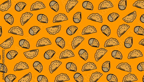 Dumpling gyoza seamless pattern. Repeating half moon shape. Minimalist food vector illustration. Abstract culinary background design. Hand drawn snack line art. Flat simple pastry wallpaper.