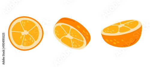 Fresh orange halves and slices in different views. Citrus fruit pieces isolated on white background for food packaging and beverage design.