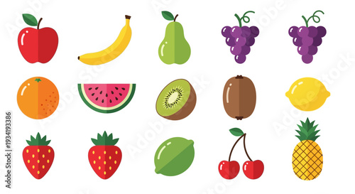 A vibrant assortment of colorful and fresh fruits arranged on a white background design