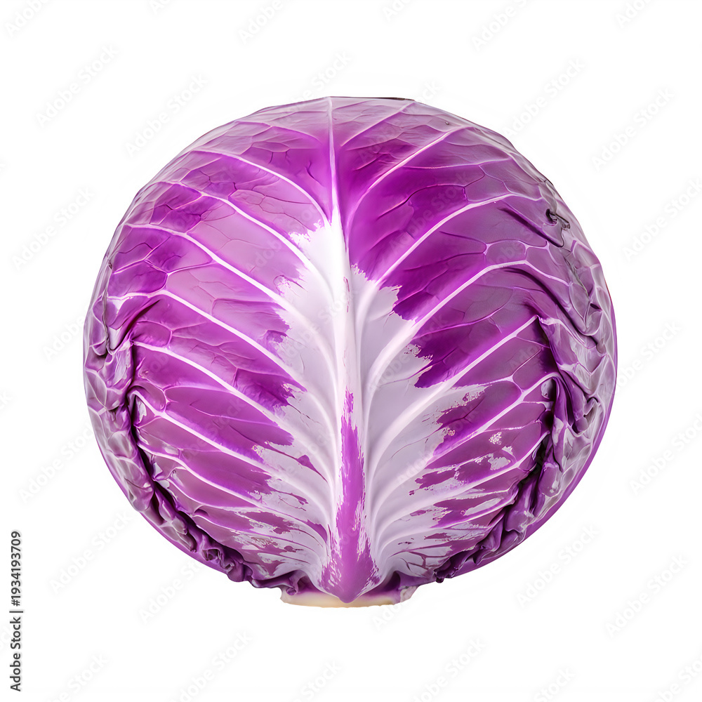 Fototapeta premium A vibrant purple cabbage displayed in a circular arrangement with its leaves spread out isolated on transparent background