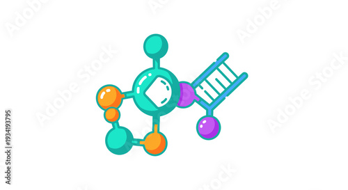 Abstract illustration of a molecular structure and DNA strand on a white background