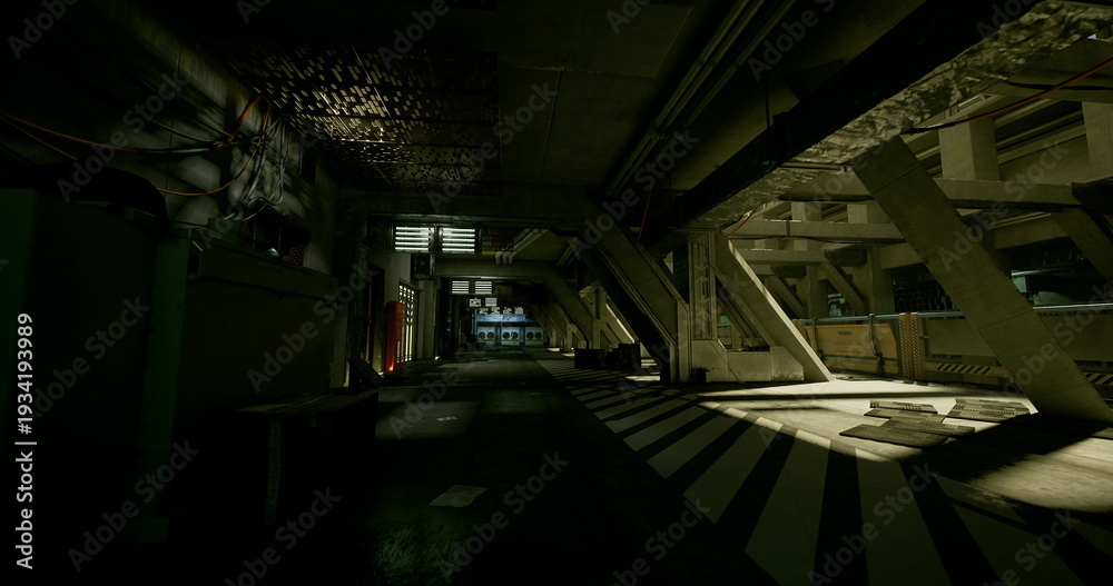 Ταπετσαρία narrow industrial tunnel pierced by shafts of light and damp reflections