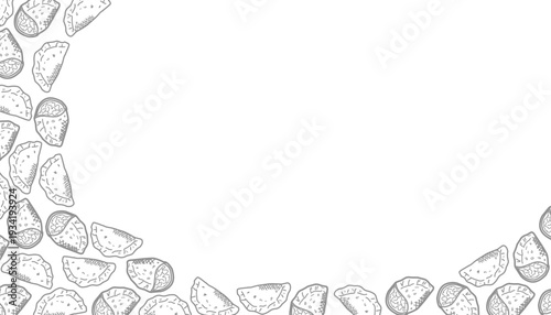 Dumpling gyoza background pattern. Repeating half moon shape. Minimalist food vector illustration. Abstract culinary background design. Hand drawn snack line art. Flat simple pastry wallpaper.