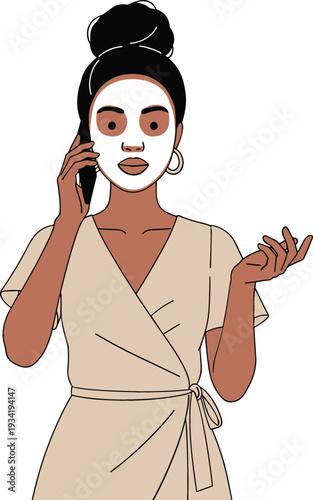 Woman Applying Facial Sheet Mask While Talking on Smartphone Vector Illustration for Skincare, Beauty Routine, Self Care, and Lifestyle Design Projects