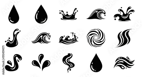 Water drops and splashes vector icons set