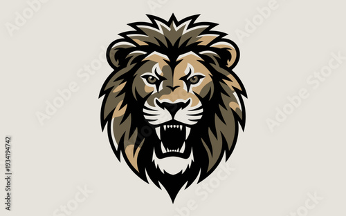 A fierce lion's head with an open mouth and sharp teeth in a colorful illustration