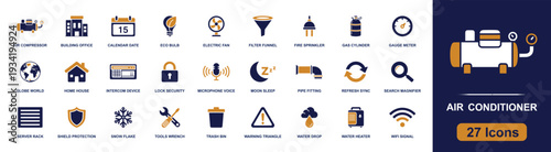 Air conditioner icon set. Containing compressor, fan, filter, sprinkler, gas cylinder, gauge, pipe fitting, water heater, wifi, lock, home, tools, warning and more. Solid fill vector icons.