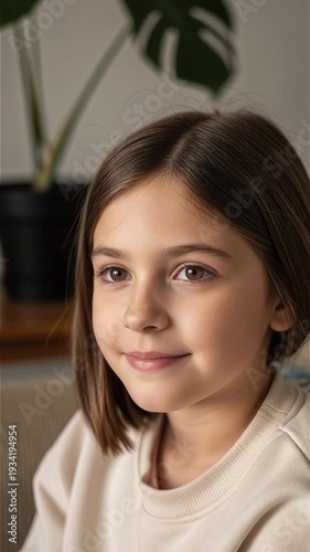 Thoughtful Caucasian girl smiling with realization and peace in this vertical video portrait
