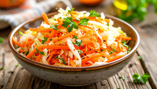 Bowl of fresh carrot and cabbage salad on wooden table, healthy and tasty meal. Delicious food. Cooking