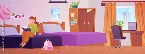 Student girl in dormitory sitting on the bed studying book, cozy interior of dormitory bedroom vector flat illustration