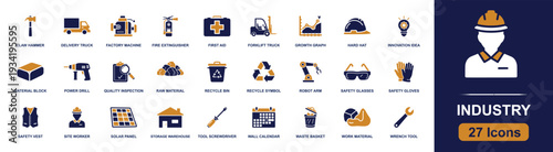 Industry icon set. Containing factory machine, forklift, delivery truck, hard hat, safety gloves, robot arm, quality inspection, power drill, raw material, tools and more. Solid fill icons.