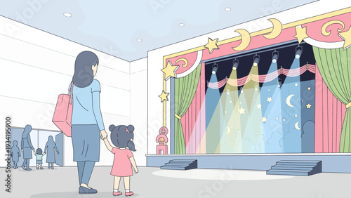 Mother and daughter watching a stage performance.