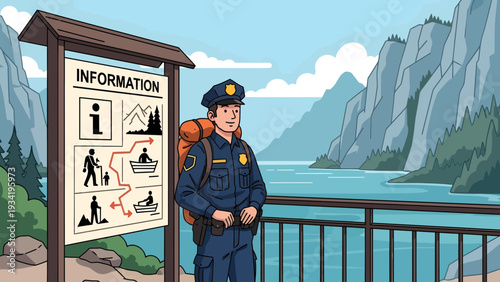 Park Ranger with Backpack Standing Near Information Board.