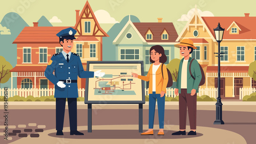 Police officer explaining map to tourists on street.