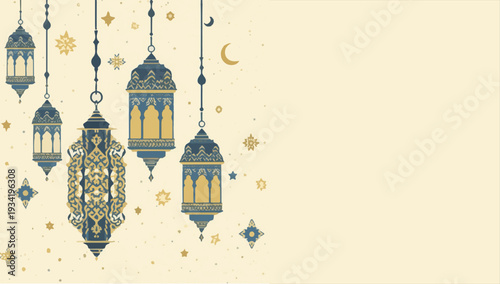 Vector illustration of decorative Islamic lanterns and starry patterns for Ramadan in a flat design style, featuring intricate geometric shapes and arabesque motifs