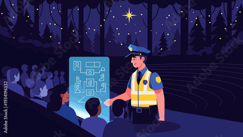 Police Officer Teaching About Hieroglyphics to Audience.