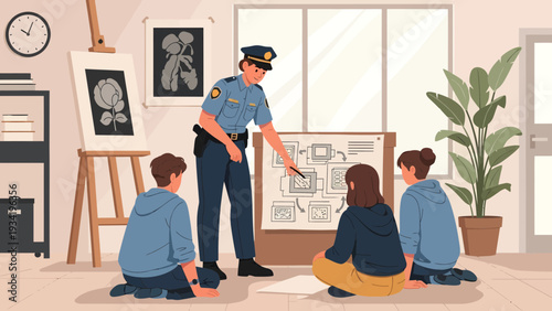 Police officer teaching children about safety and crime prevention.