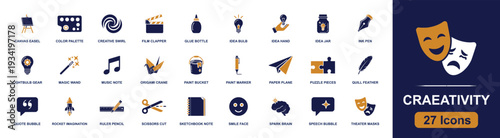 Creativity icon set. Containing easel, color palette, idea bulb, magic wand, music note, origami crane, paint bucket, ink pen, theater masks and more. Solid fill vector icons collection.