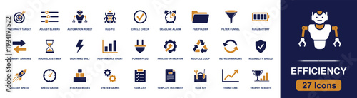 Efficiency icon set. Containing automation robot, process optimization, performance chart, speed gauge, task list, alarm clock, bug fix, reliability shield and more. Solid fill icons.