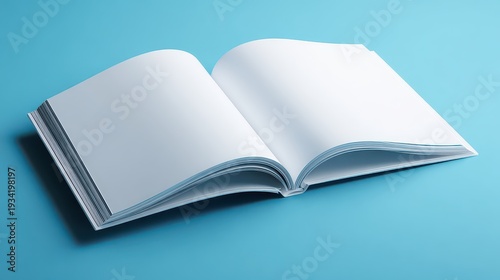 Open Blank Book with White Pages on Light Blue Background Revealing the Book Binding with Soft Lighting and Shadows in a Studio Shot