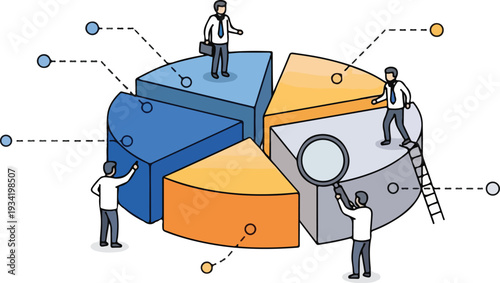 Analyzing Pie Chart Sections with Magnifying Glass and Ladder by Multiple Individuals