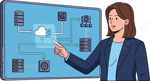 Woman in business attire pointing at a cloud storage interface diagram on a large screen display