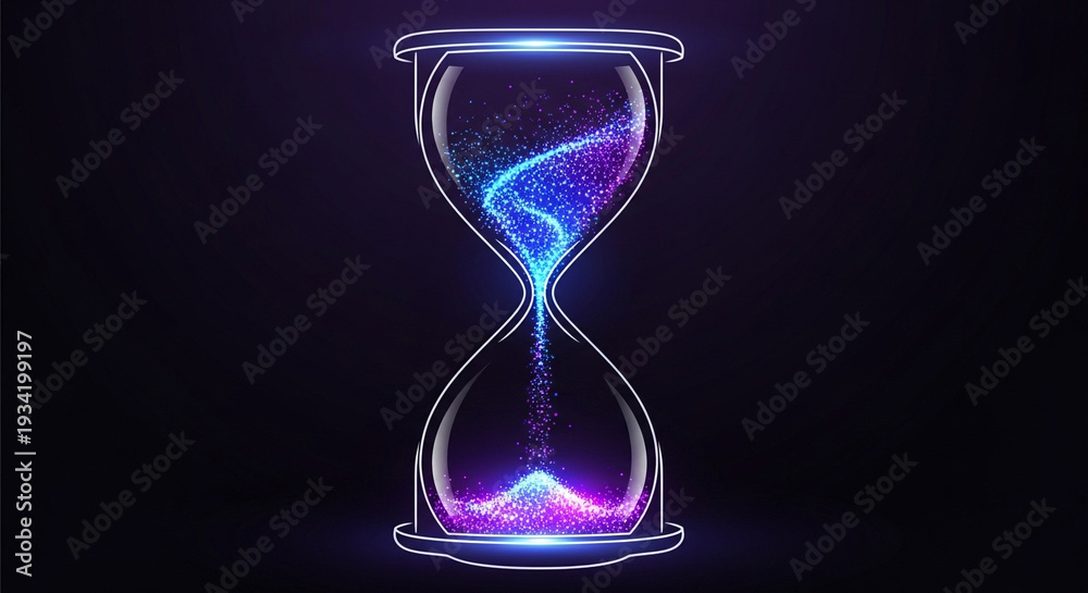 Fototapeta premium Vibrant hourglass with glowing blue and purple particles flowing through