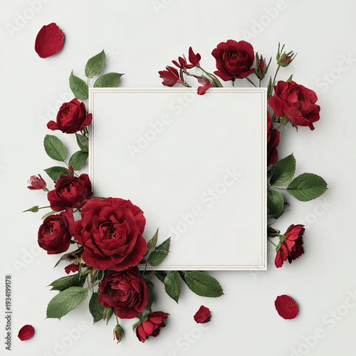 Red rose floral frame with green leaves and petals on white