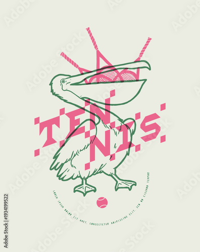 Tennis pelican. Vintage pelican with a bunch of tennis rackets in its beak. Vintage typography t-shirt print vector illustration.