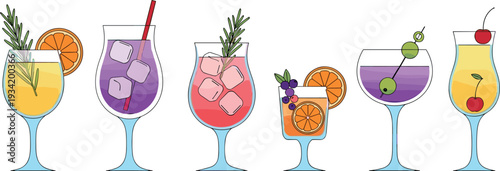 Assorted colorful cocktails vector illustration with citrus slices olives ice cubes and elegant glassware