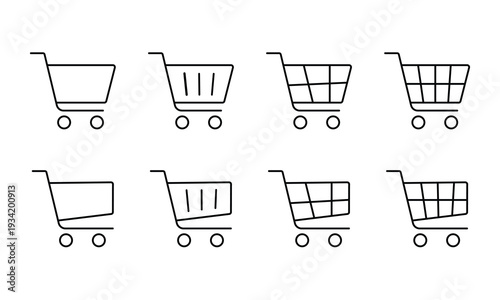 Shopping cart icons collection with different levels of fullness represented by lines and grids, empty and full shopping trolleys on white background simple outline vector illustrations