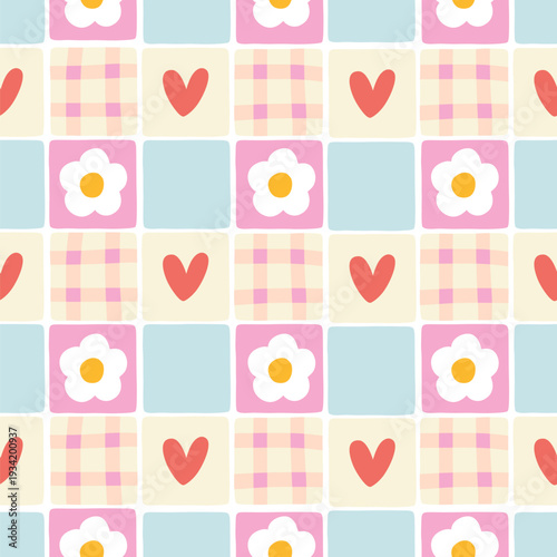 Flower and heart seamless pattern in patchwork style. Cute childish background with daisy, checkered texture and hearts. Minimalist hand-drawn doodle for textile, stationery, nursery.