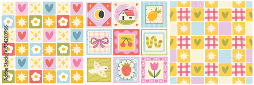 Summer pattern set with cute icons and patchwork. Childish background with strawberry, house and flowers. Colorful naive doodle collection for textile, packaging and digital paper.