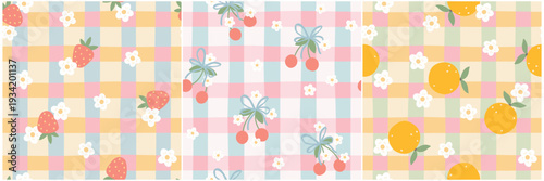 Strawberry and orange seamless pattern set on checkered background. Cute summer fruit collection with cherry, daisy and gingham texture. Modern naive doodle for kitchen textile and digital paper.