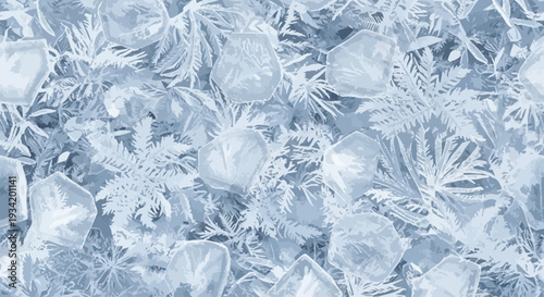 Close-up of a macro ice crystal frost pattern on glass, forming a winter abstract background with intricate crystal formations and a cold, icy texture in shades of blue and white.