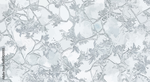 Close-up of a macro ice crystal frost pattern on glass, showcasing a winter abstract background with delicate crystal formations.