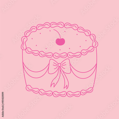 Vintage cake, line art. Pink vintage sweet dessert with cherries. Vector illustration in a coquette style for a pastry shop, menu, or restaurant.