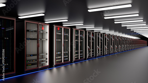 Server. Room servers data center. Backup, mining, hosting, mainframe, farm and computer rack with storage information. Server room data center. 3d render