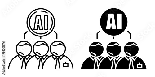 Linear icon. Queue of disgruntled unemployed office workers laid off as result of implementation of artificial intelligence system. Simple vector isolated on white background