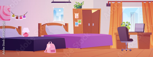 A room interior during the day with two beds, a wardrobe, a window, a desk, and a backpack.