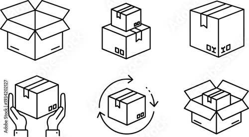 Cardboard box packaging and delivery vector icon set with open sealed recycle and handling symbols