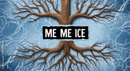 Abstract winter background featuring a tree with bare branches on a frosty glass surface with a macro ice crystal pattern.