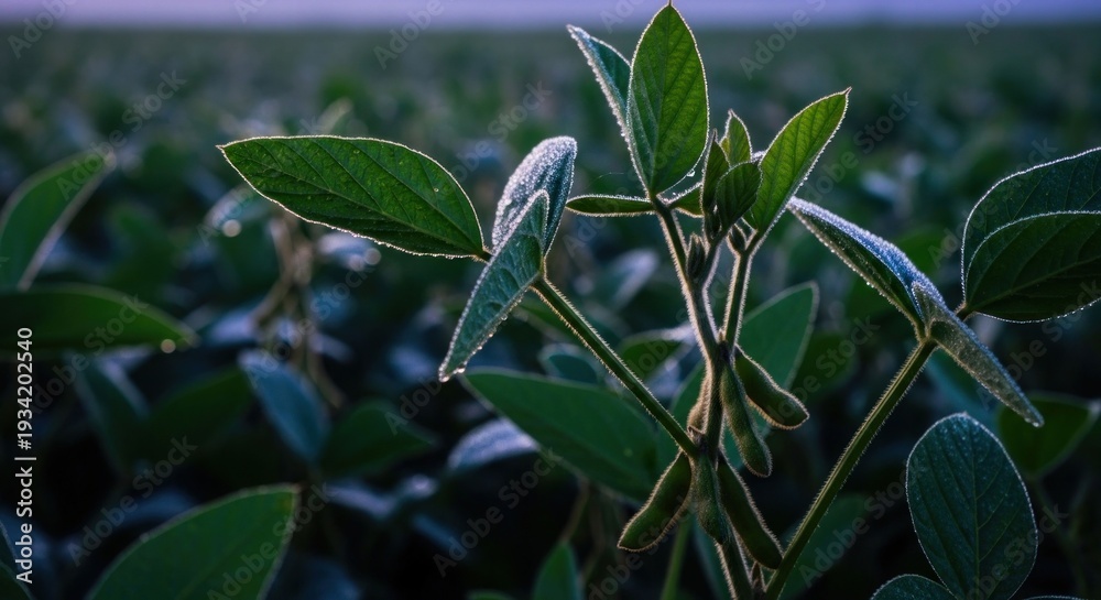 Fototapeta premium Close up of green soybean plants in a large field, early morning