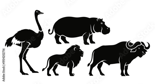 African Wildlife Silhouettes: Ostrich, Hippopotamus, Lion, and Buffalo Icons