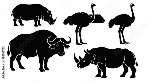 African Wildlife Silhouettes: Rhinoceros, Buffalo, and Ostrich Vector Icons